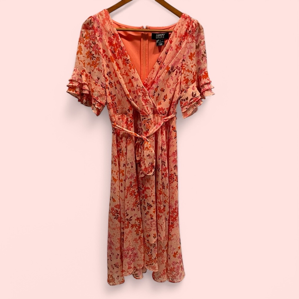 DKNY peach blossom boho ruffle faux wrap midi dress short sleeve sz 8 stretchy